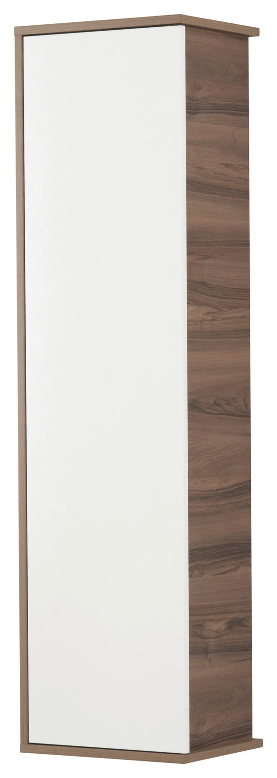 Hochschrank mit weißer Front und Holzseiten, seitliche Perspektive