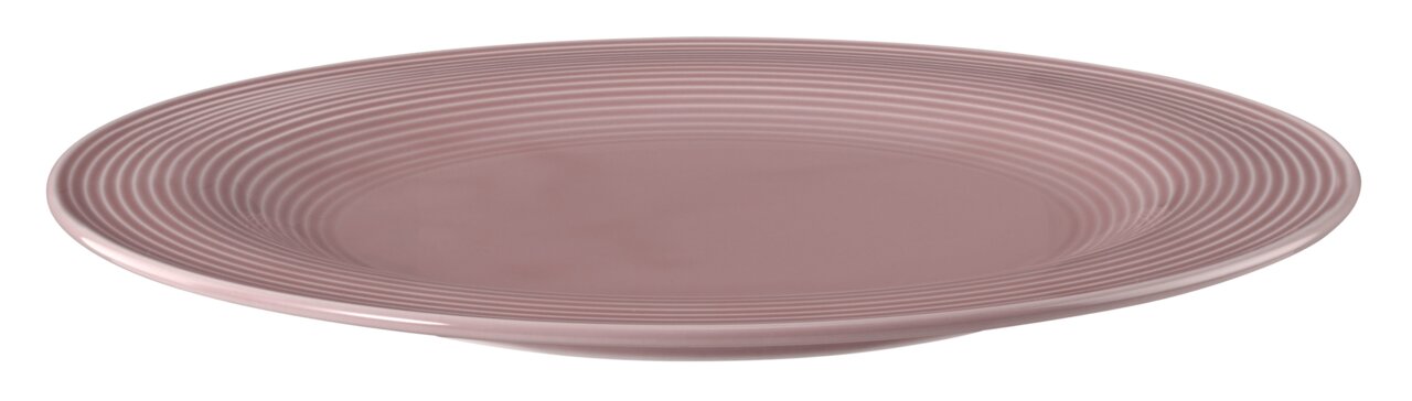 Runder Speiseteller 27,5 cm in Rosa mit geriffeltem Design, seitliche Perspektive