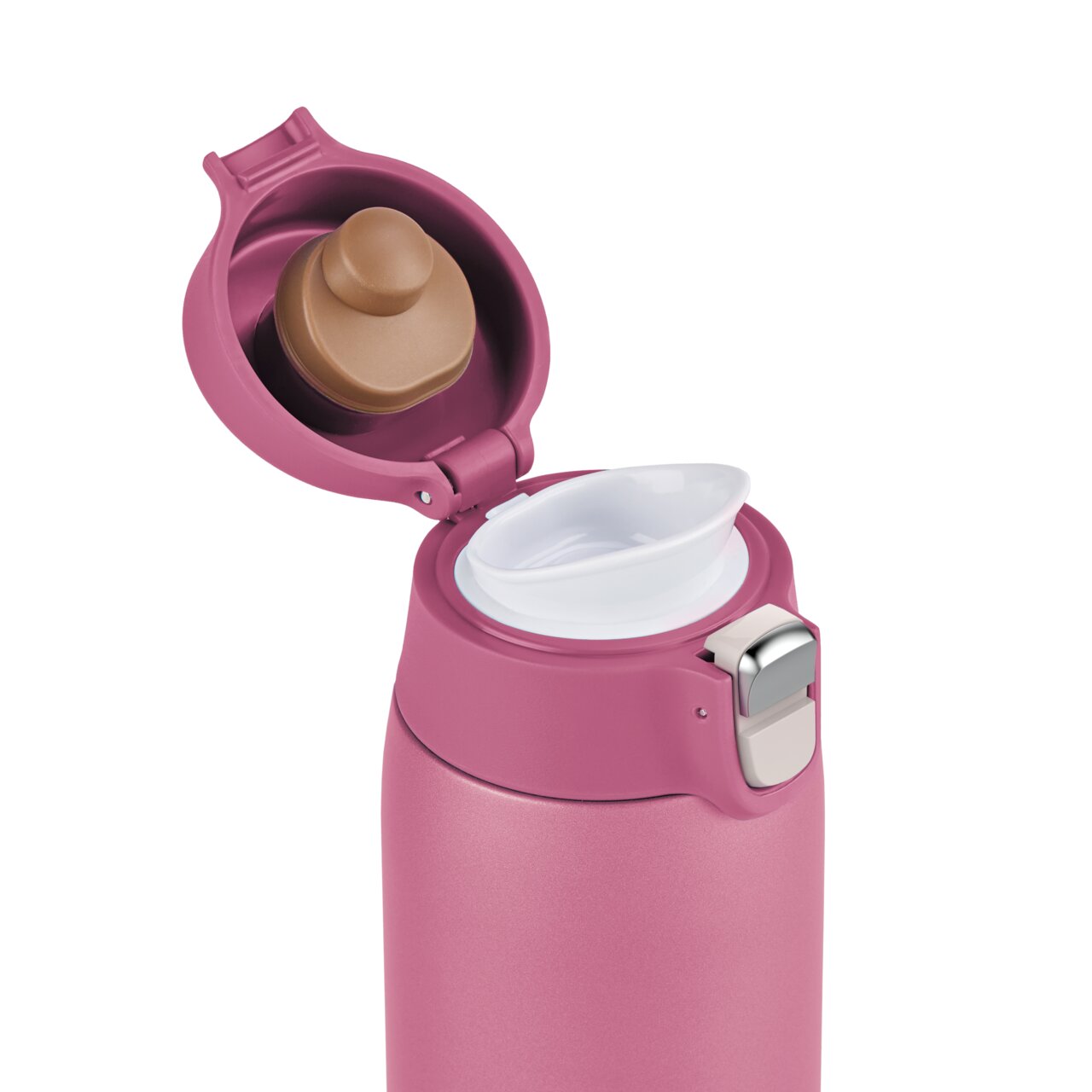 Rosa Thermobecher mit geöffnetem Deckel, seitliche Perspektive