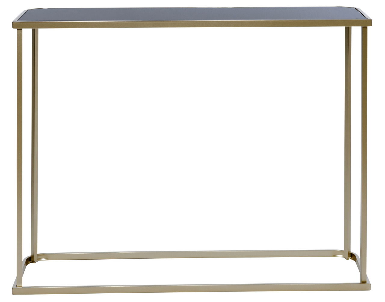 Elegante Konsole mit goldfarbenem Metallrahmen und schwarzer Tischplatte, frontal betrachtet.