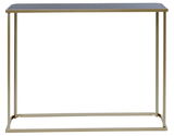 Elegante Konsole mit goldfarbenem Metallrahmen und schwarzer Tischplatte, frontal betrachtet.