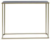 Elegante Konsole mit goldfarbenem Metallrahmen und schwarzer Tischplatte, frontal betrachtet.