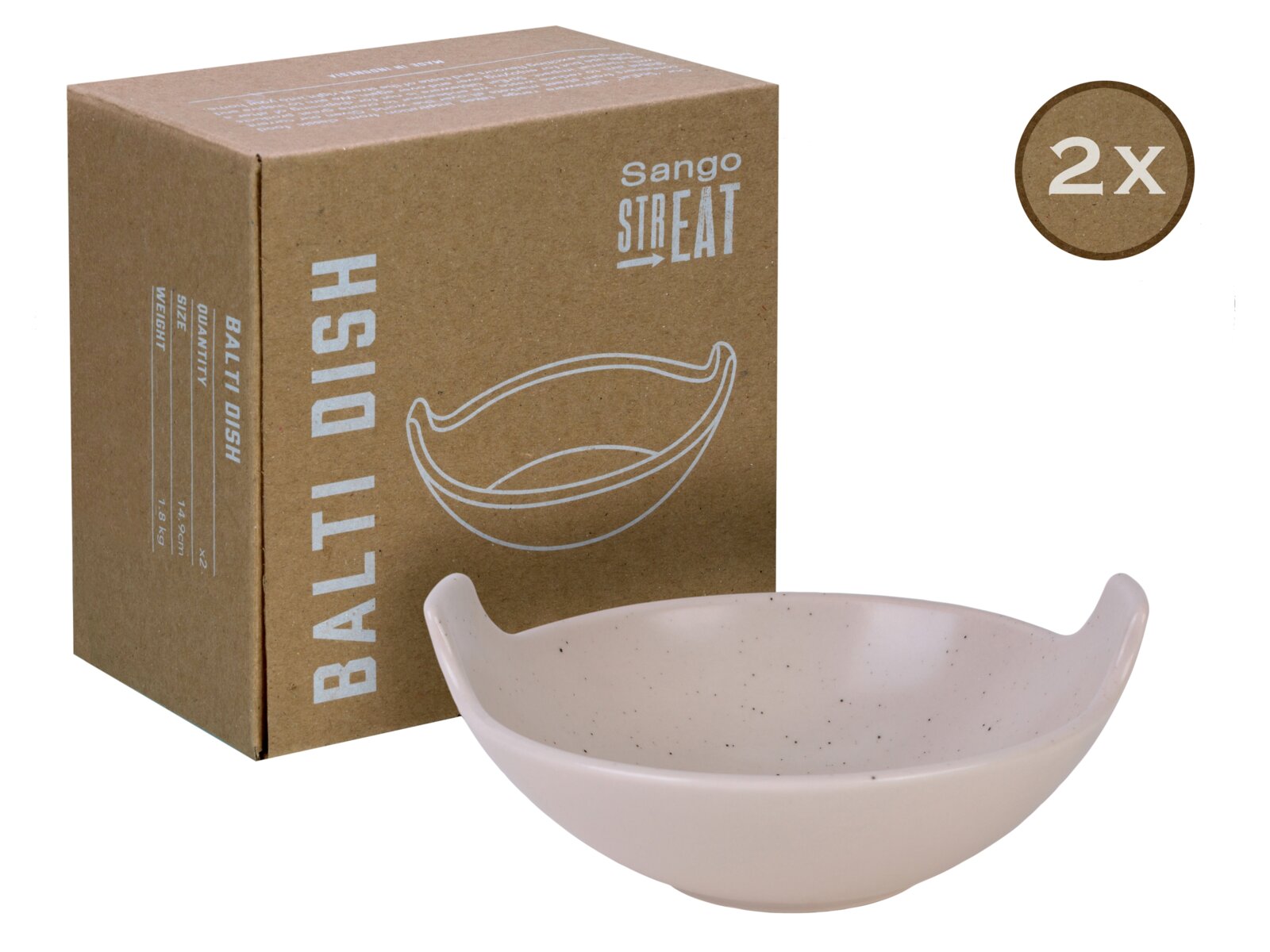 Creatable Balti Dish 2-tlg STREET FOOD Sango STREAT HSIO Bali Dish Schale in Weiß mit Sprenkeln, 2er-Set, mit Verpackung im Hintergrund; Produktansicht schräg von vorne