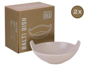 Sango STREAT HSIO Bali Dish Schale in Weiß mit Sprenkeln, 2er-Set, mit Verpackung im Hintergrund; Produktansicht schräg von vorne