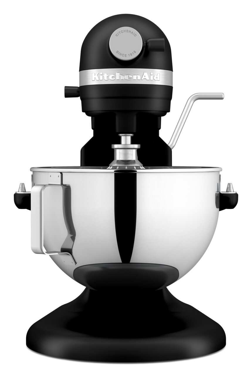 Schwarze Küchenmaschine Heavy Duty 5,2L von vorne mit Edelstahl-Rührschüssel und Knethaken.