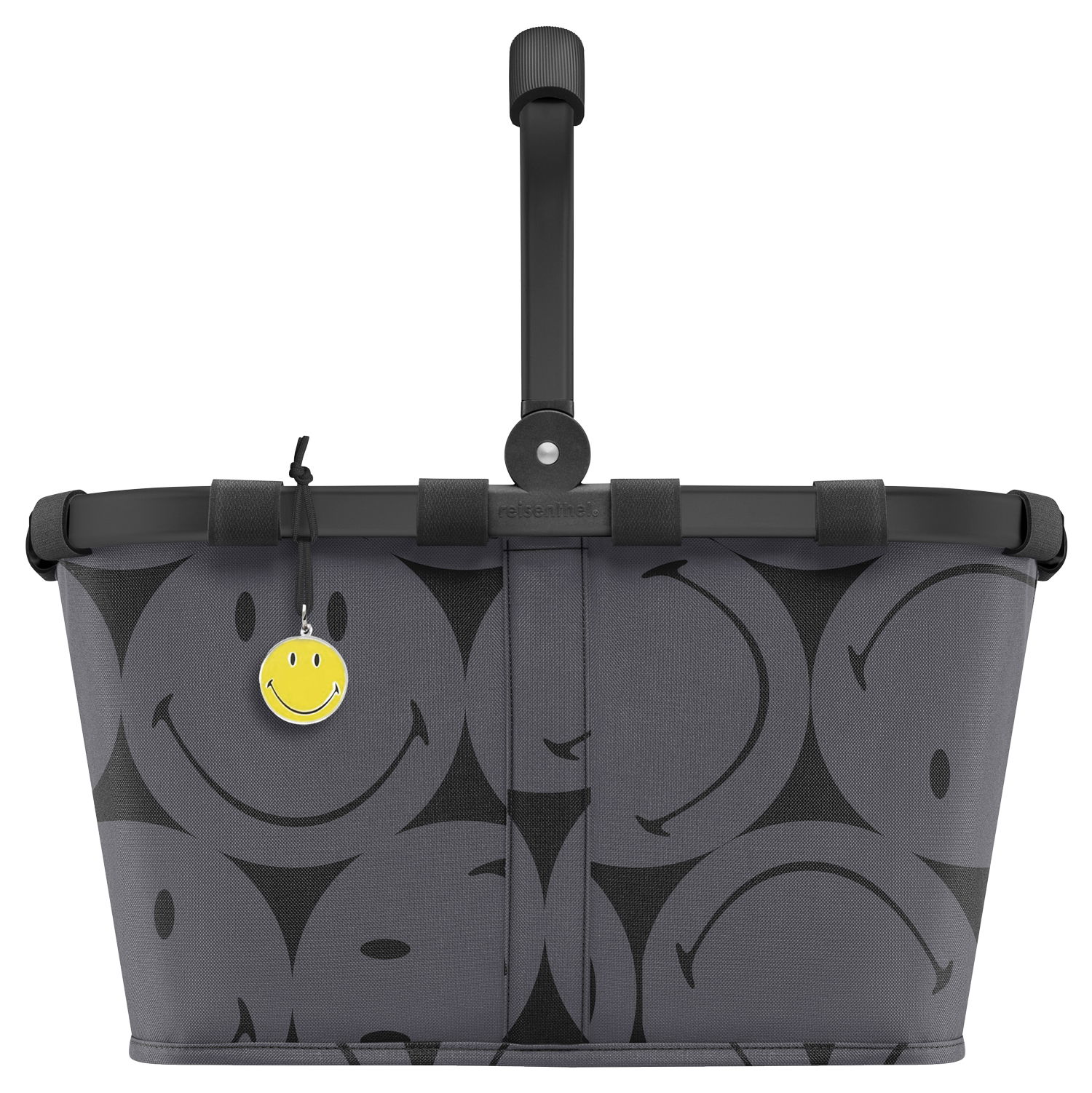 Reisenthel Carrybag Smiley Grey Grauer Einkaufskorb mit schwarzen Smiley-Motiven und gelbem Smiley-Anhänger, Vorderansicht