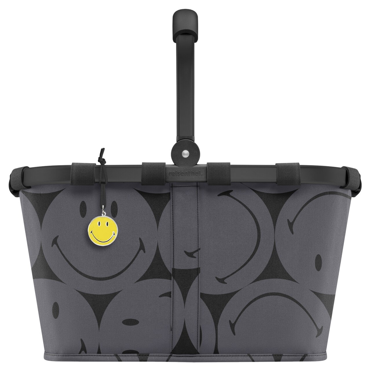 Grauer Einkaufskorb mit schwarzen Smiley-Motiven und gelbem Smiley-Anhänger, Vorderansicht