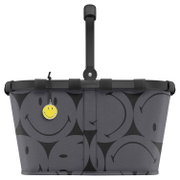 Grauer Einkaufskorb mit schwarzen Smiley-Motiven und gelbem Smiley-Anhänger, Vorderansicht