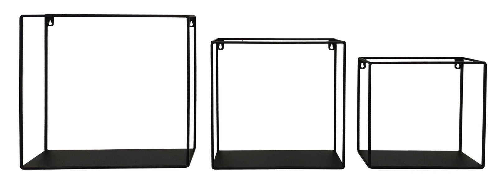 Dreiteiliges Wandregal-Set aus schwarzem Metall in quadratischer Form, frontal betrachtet.