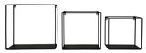 Dreiteiliges Wandregal-Set aus schwarzem Metall in quadratischer Form, frontal betrachtet.