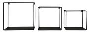 Dreiteiliges Wandregal-Set aus schwarzem Metall in quadratischer Form, frontal betrachtet.