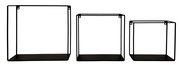 Dreiteiliges Wandregal-Set aus schwarzem Metall in quadratischer Form, frontal betrachtet.