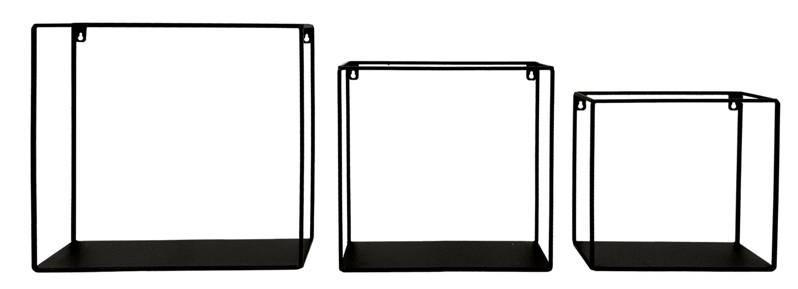 Dreiteiliges Wandregal-Set aus schwarzem Metall in quadratischer Form, frontal betrachtet.