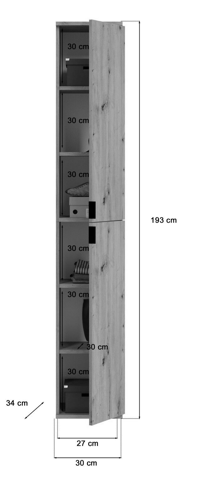 Schmaler, hoher Schrank mit Holztüren, geöffnet, zeigt mehrere Fächer mit einer Höhe von jeweils 30 cm. Perspektive von der Seite.