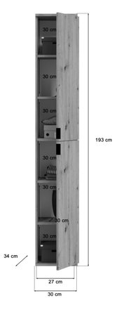Schmaler, hoher Schrank mit Holztüren, geöffnet, zeigt mehrere Fächer mit einer Höhe von jeweils 30 cm. Perspektive von der Seite.