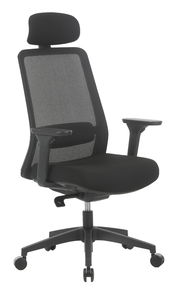 Schwarzer Drehstuhl mit Netzrückenlehne und Kopfstütze, seitliche Perspektive