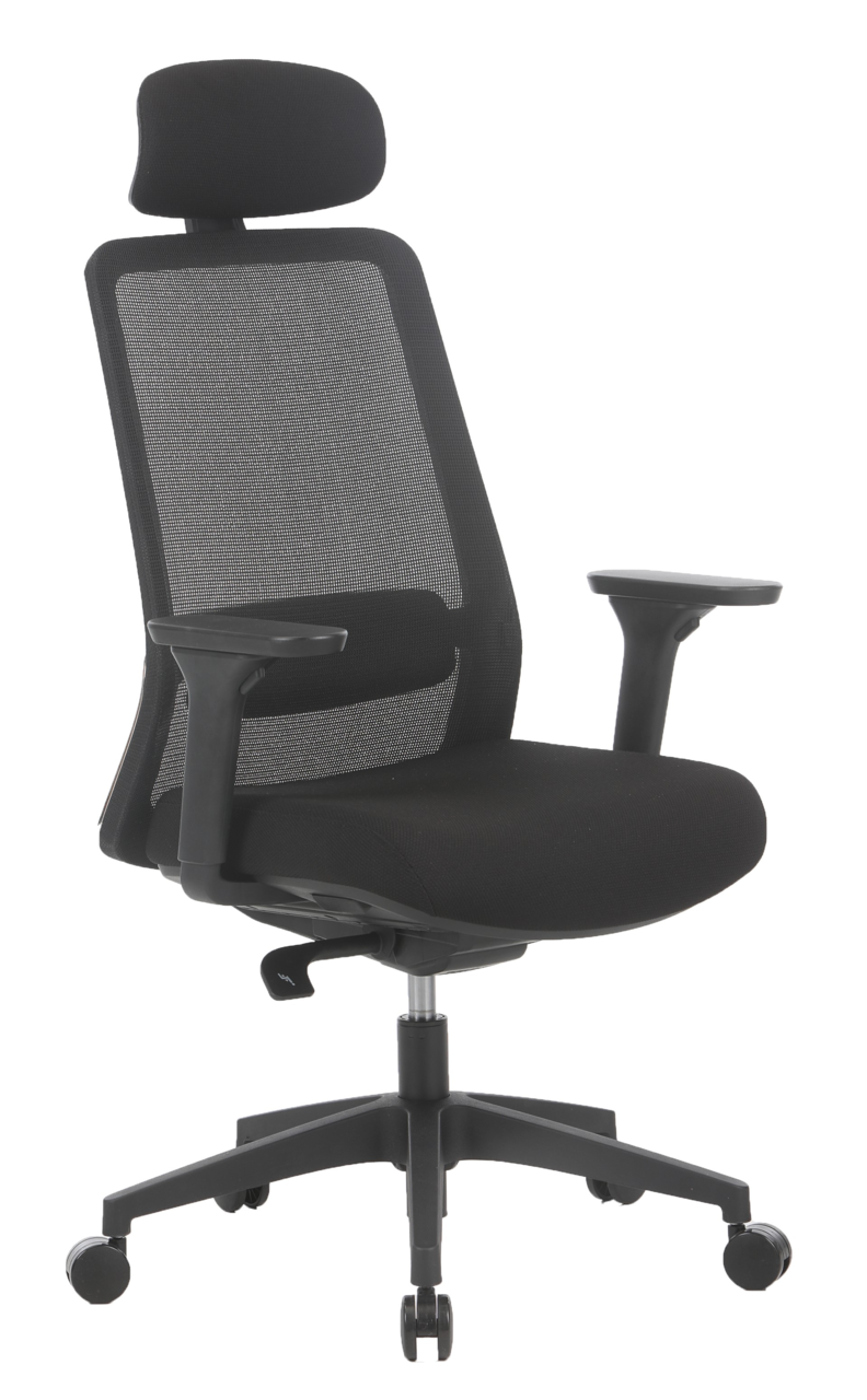 Novel Drehstuhl BJARNE Schwarzer Drehstuhl mit Netzrückenlehne und Kopfstütze, seitliche Perspektive