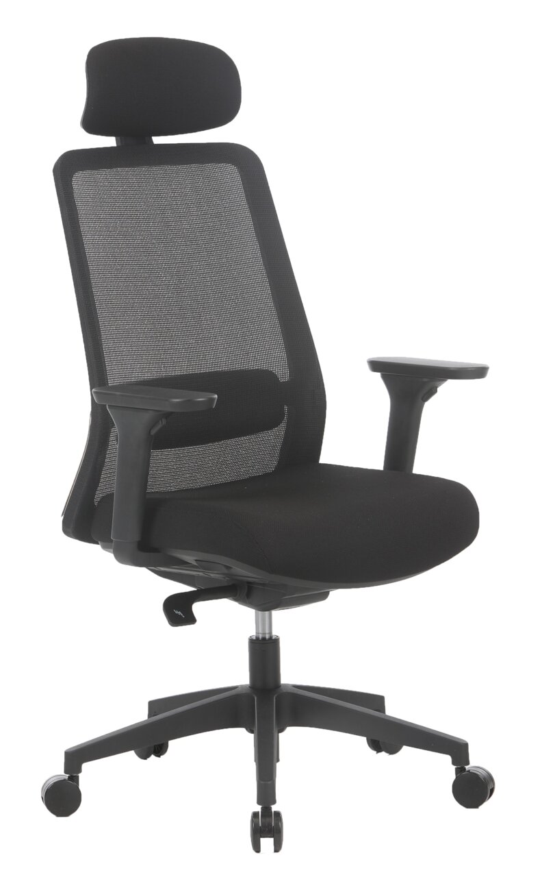 Schwarzer Drehstuhl mit Netzrückenlehne und Kopfstütze, seitliche Perspektive