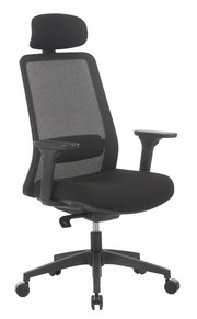 Schwarzer Drehstuhl mit Netzrückenlehne und Kopfstütze, seitliche Perspektive