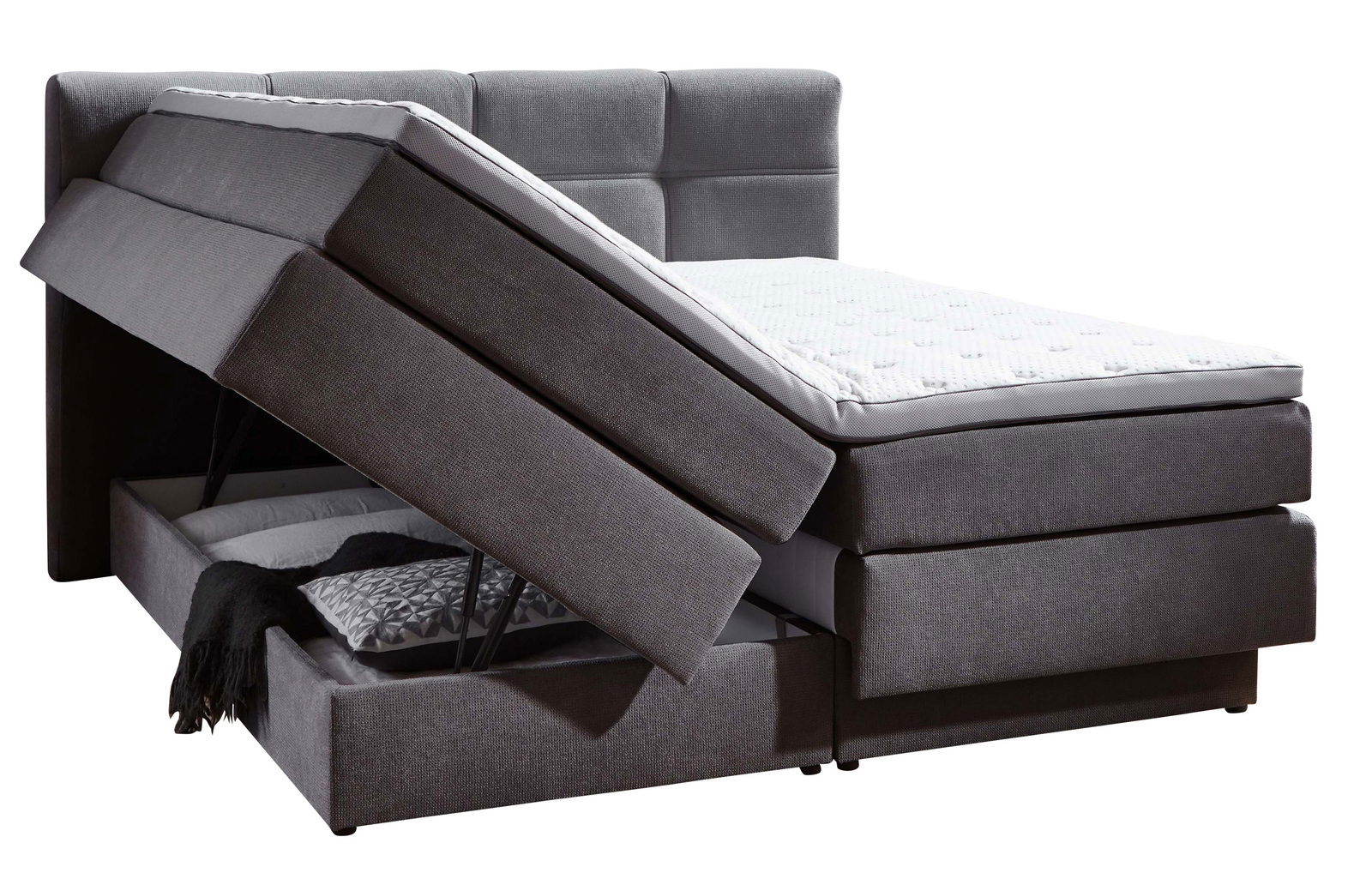Boxspringbett mit geöffnetem Stauraum, seitliche Perspektive