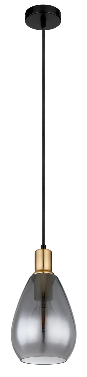 Moderne Hängeleuchte mit rauchgrauem Glasschirm und goldfarbenem Sockel, seitliche Perspektive