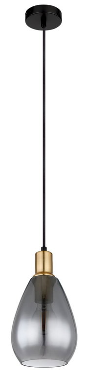 Moderne Hängeleuchte mit rauchgrauem Glasschirm und goldfarbenem Sockel, seitliche Perspektive