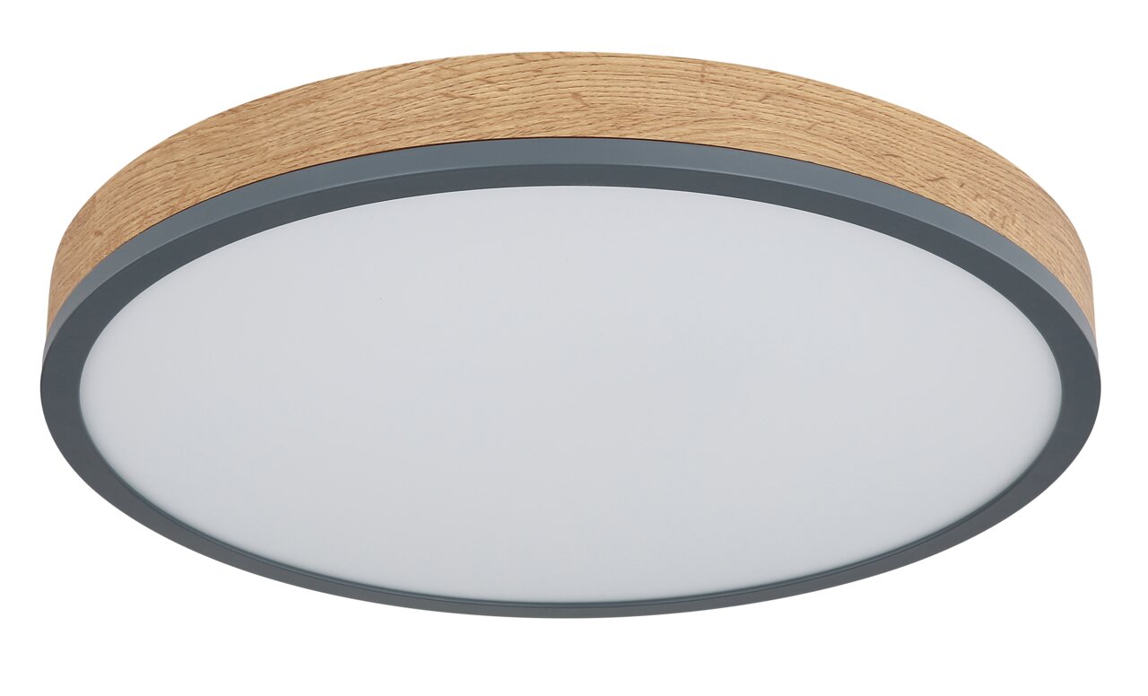 Globo Lighting Deckenleuchte DORO Runde Deckenleuchte DORO mit Holzrahmen und weißer Abdeckung, seitliche Perspektive
