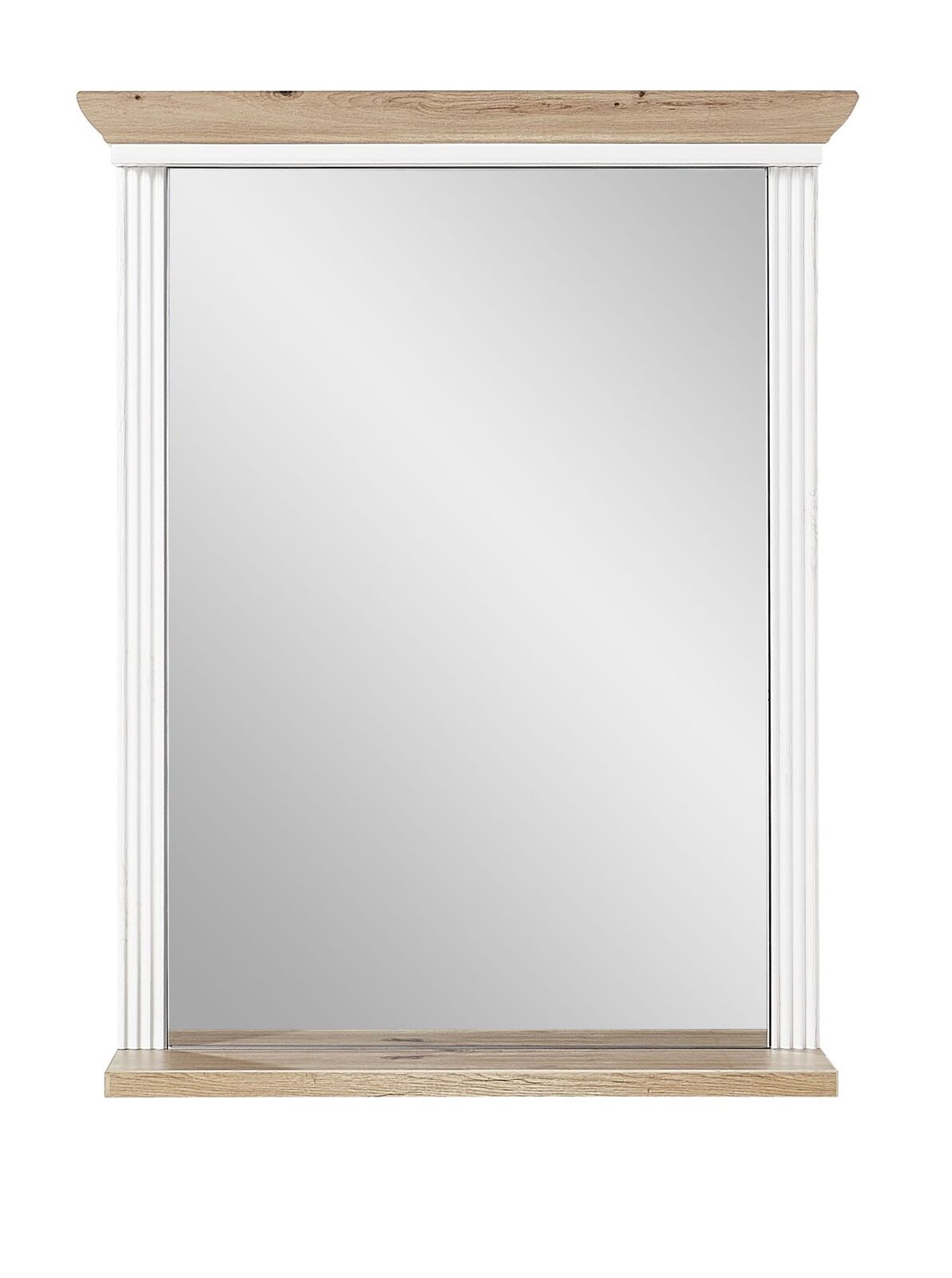 Spiegel mit weißem Rahmen und Holzverzierung, Frontalansicht