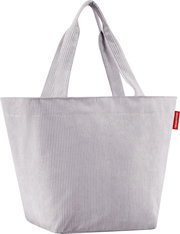 Hellgraue Cord-Tragetasche mit zwei langen Henkeln und rotem seitlichem Label, frontale Ansicht vor weißem Hintergrund