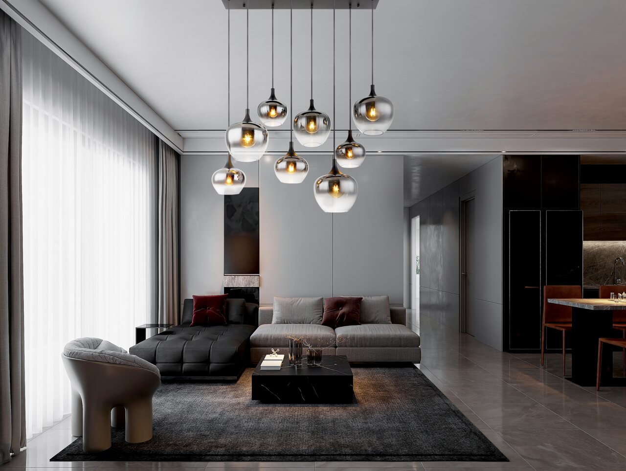 Moderne Hängeleuchte mit mehreren Glaskugeln, von unten betrachtet in einem stilvollen Wohnzimmer mit grauem Sofa und Teppich.