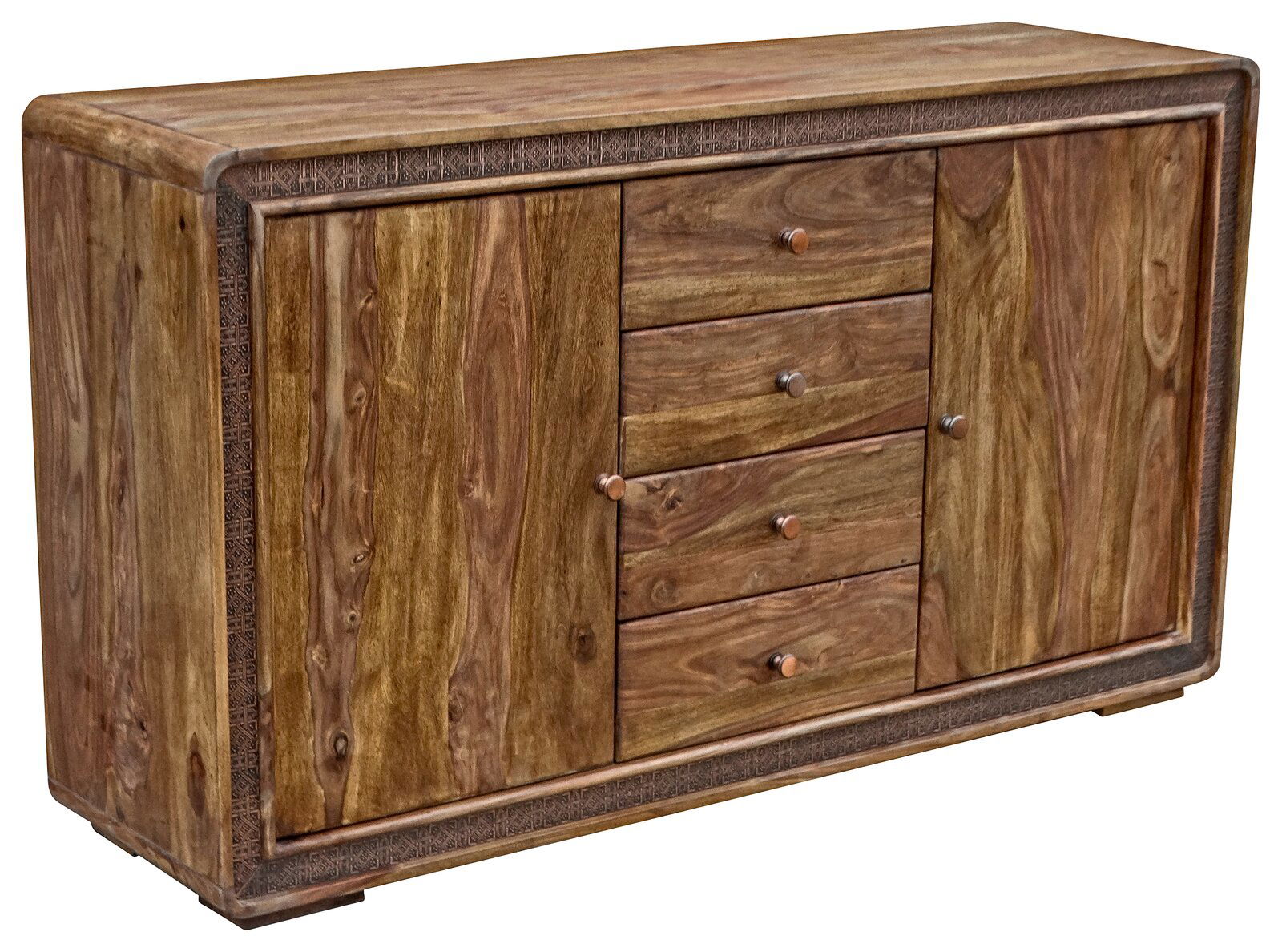 Landscape Kommode BARCELONA Holzkommode mit vier Schubladen und zwei Türen, aus einer schrägen Perspektive fotografiert.