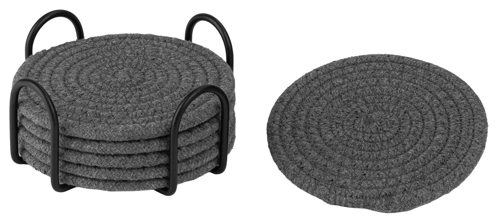 Baumwolluntersetzer in Dunkelgrau, gestapelt in einem schwarzen Metallhalter und einzeln daneben liegend, aus der Seitenperspektive fotografiert.