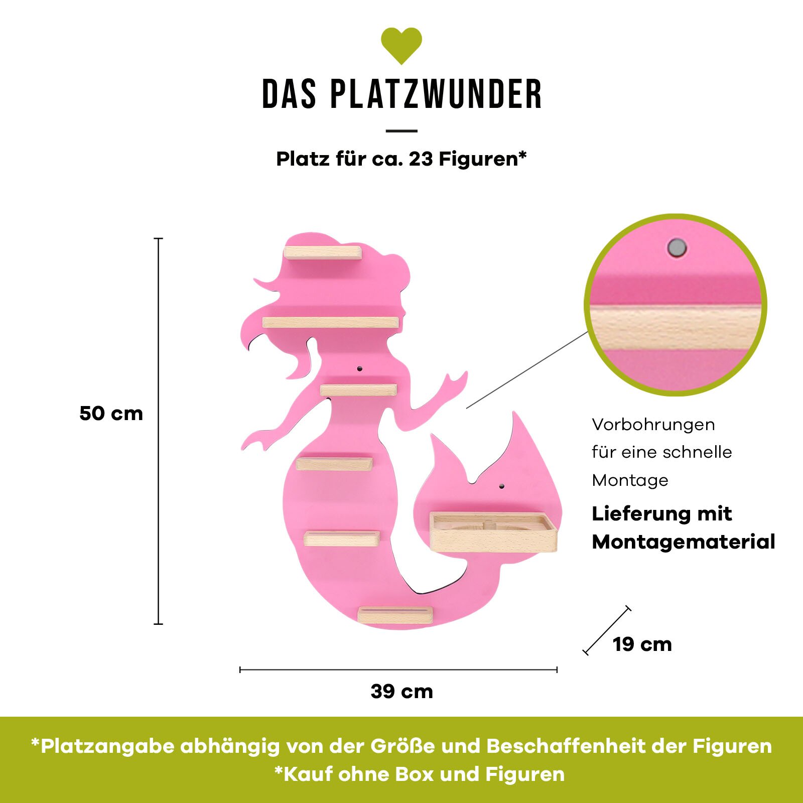 Frontansicht eines pinken, meerjungfrauenförmigen Wandregals aus Holz mit mehreren kleinen Ablagen und einer Box, ca. 50 cm hoch, 39 cm breit und 19 cm tief, mit Vorbohrungen und Montagematerial, bietet Platz für etwa 23 Figuren.