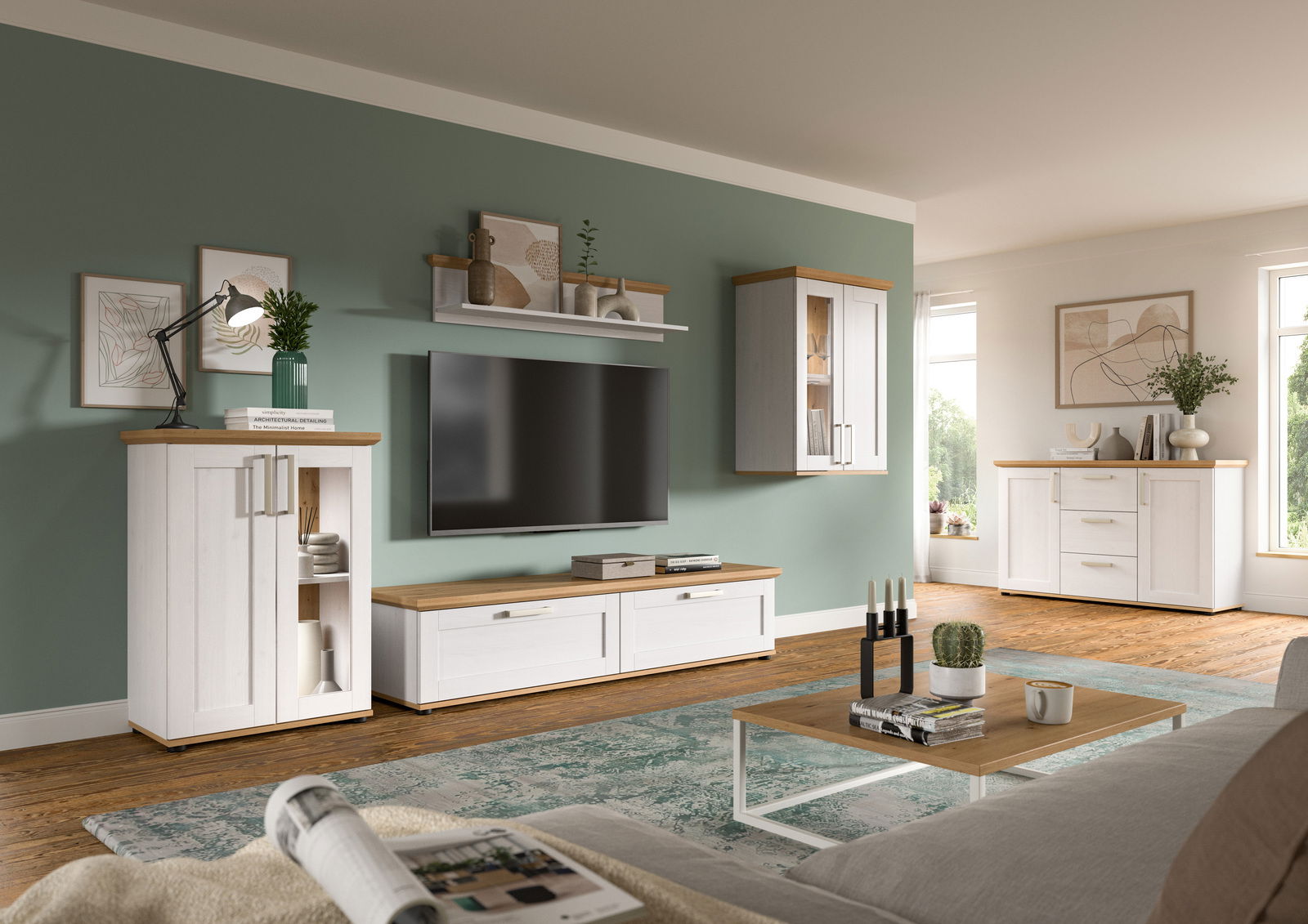 MID.YOU Wohnkombination VERONA Wohnkombination in einem modernen Wohnzimmer mit grüner Wand, bestehend aus TV-Schrank, Hängeschrank und Sideboard in Weiß mit Holzoberflächen, aus der Perspektive eines gemütlichen Wohnzimmers.