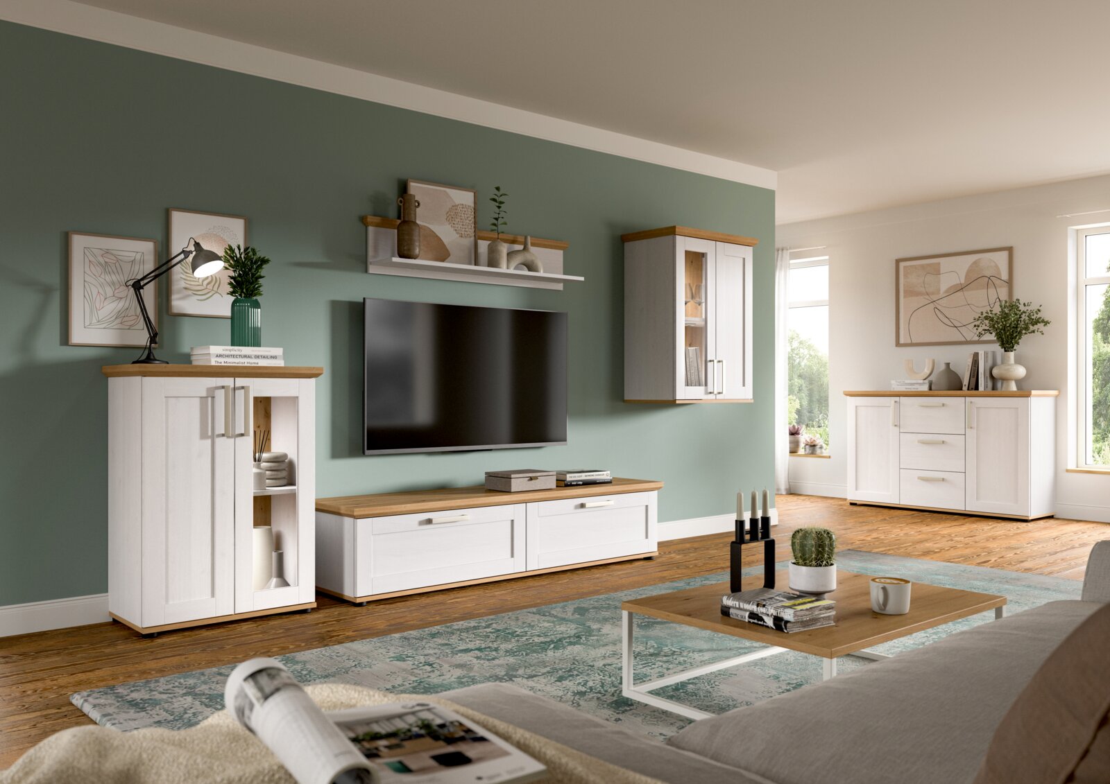 MID.YOU Wohnkombination VERONA Wohnkombination in einem modernen Wohnzimmer mit grüner Wand, bestehend aus TV-Schrank, Hängeschrank und Sideboard in Weiß mit Holzoberflächen, aus der Perspektive eines gemütlichen Wohnzimmers.