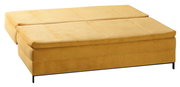Gelbes Querschläfer-Sofa in der Seitenansicht, ausgeklappt zu einem Bett.