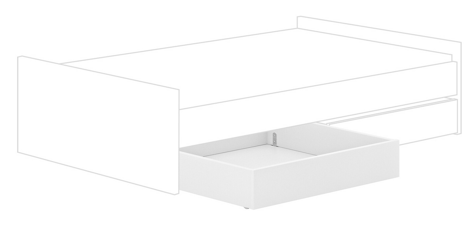 Bettkasten schmal in weiß, perspektivisch von vorne rechts gezeigt, teilweise unter einem Bettgestell hervorgezogen.