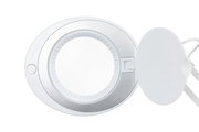 Obere Ansicht einer runden Schreibtischleuchte mit geöffnetem Deckel und sichtbarem Ein-/Ausschalter.