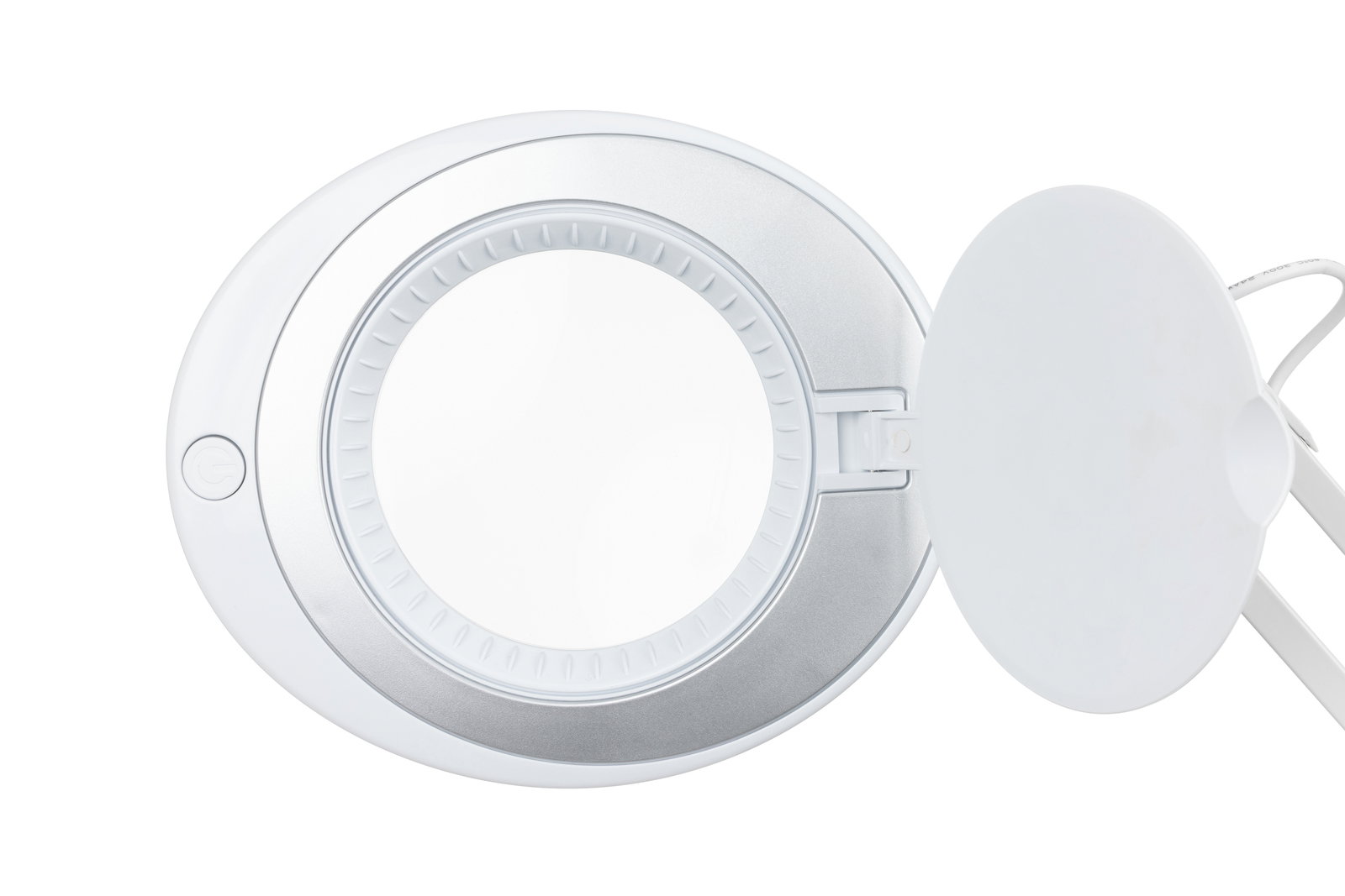 Obere Ansicht einer runden Schreibtischleuchte mit geöffnetem Deckel und sichtbarem Ein-/Ausschalter.