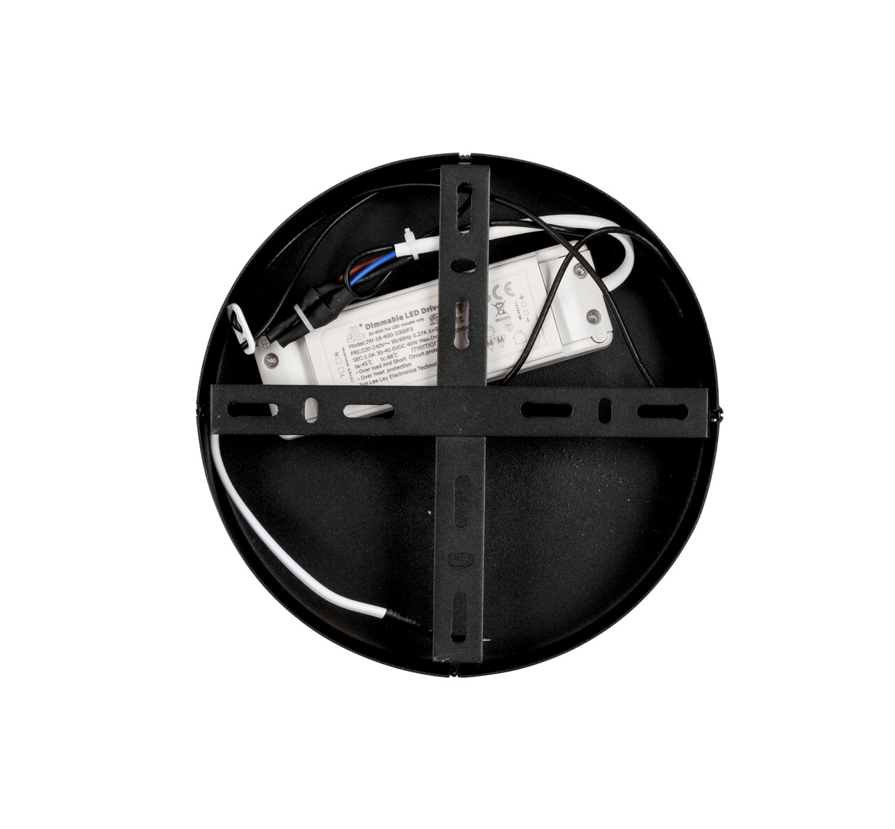 Runde LED-Hängeleuchte von oben mit sichtbarem LED-Treiber und Kabeln.