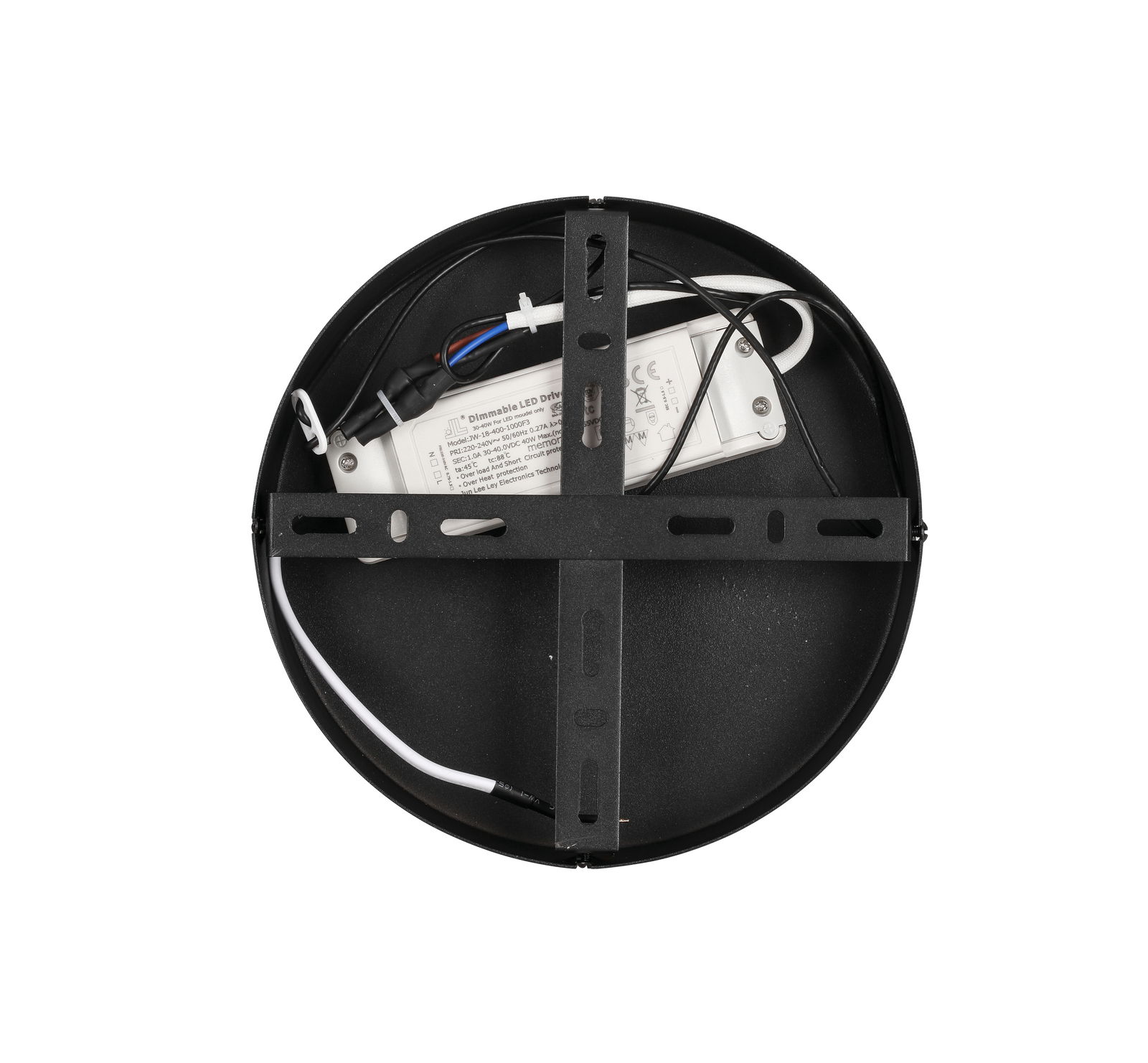 Runde LED-Hängeleuchte von oben mit sichtbarem LED-Treiber und Kabeln.