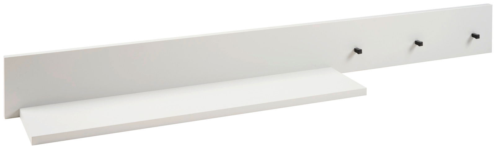 Weißes Hängeregal mit vier schwarzen Haken, seitliche Perspektive