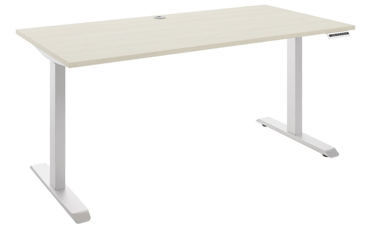 Moderner E-Schreibtisch 160 mit weißem Gestell und heller Holzplatte, seitliche Perspektive
