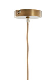 Bovenaanzicht van een hanglamp met een ronde, messingkleurige kap en een beige ommantelde kabel.