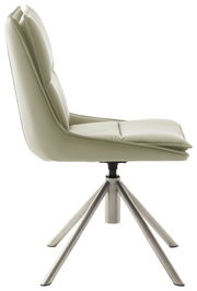 Moderner Stuhl mit hellgrünem Polster und Metallbeinen, Seitenansicht