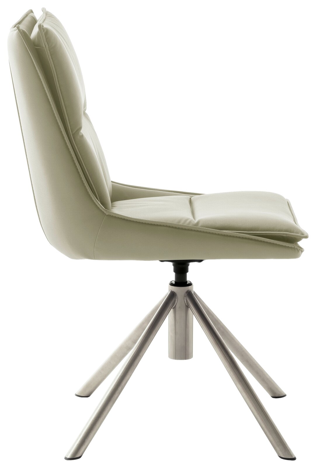 Moderner Stuhl mit hellgrünem Polster und Metallbeinen, Seitenansicht