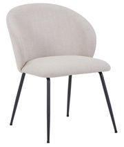 Moderner Stuhl mit beigem Stoffbezug und schwarzen Metallbeinen, seitliche Perspektive