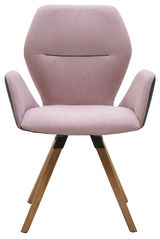 Frontansicht eines modernen Armlehnenstuhls mit rosa Polsterung und Holzbeinen.
