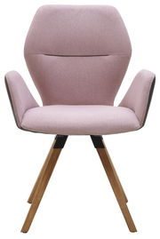 Frontansicht eines modernen Armlehnenstuhls mit rosa Polsterung und Holzbeinen.