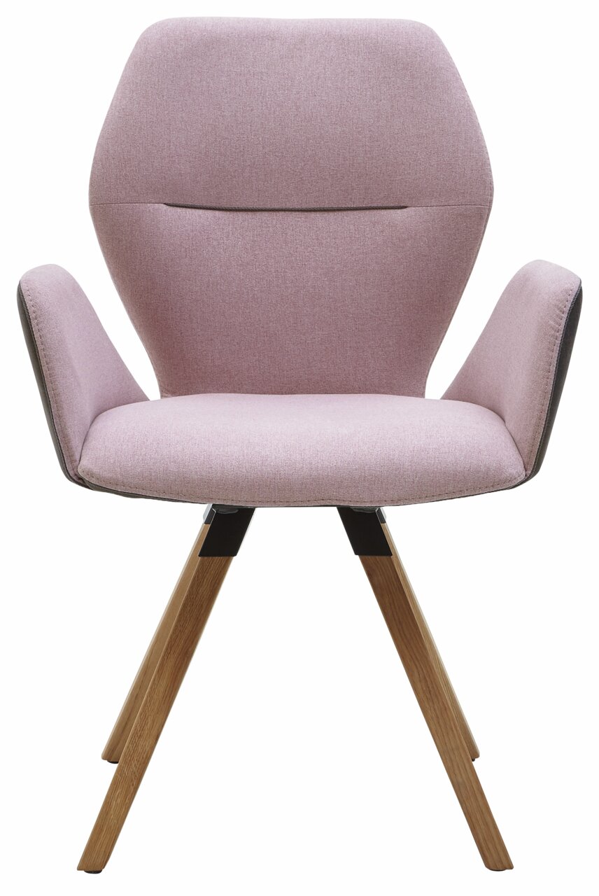 Valnatura Armlehnenstuhl PIANO Frontansicht eines modernen Armlehnenstuhls mit rosa Polsterung und Holzbeinen.